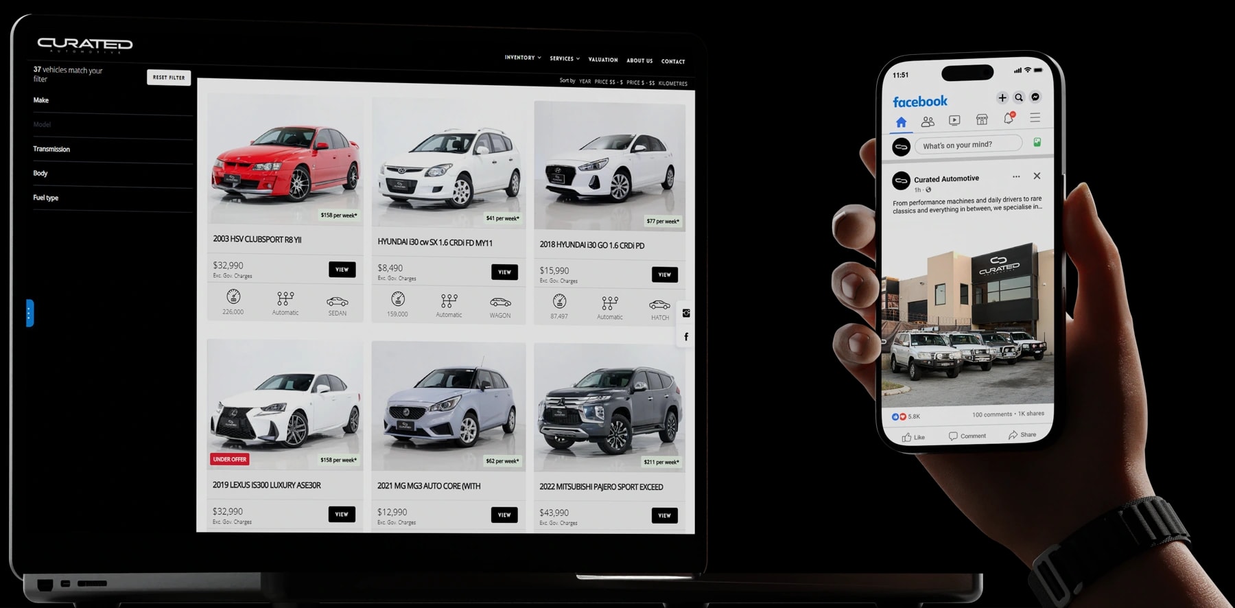 The dealer inventory site on a laptop next to a Facebook lead ad on a phone